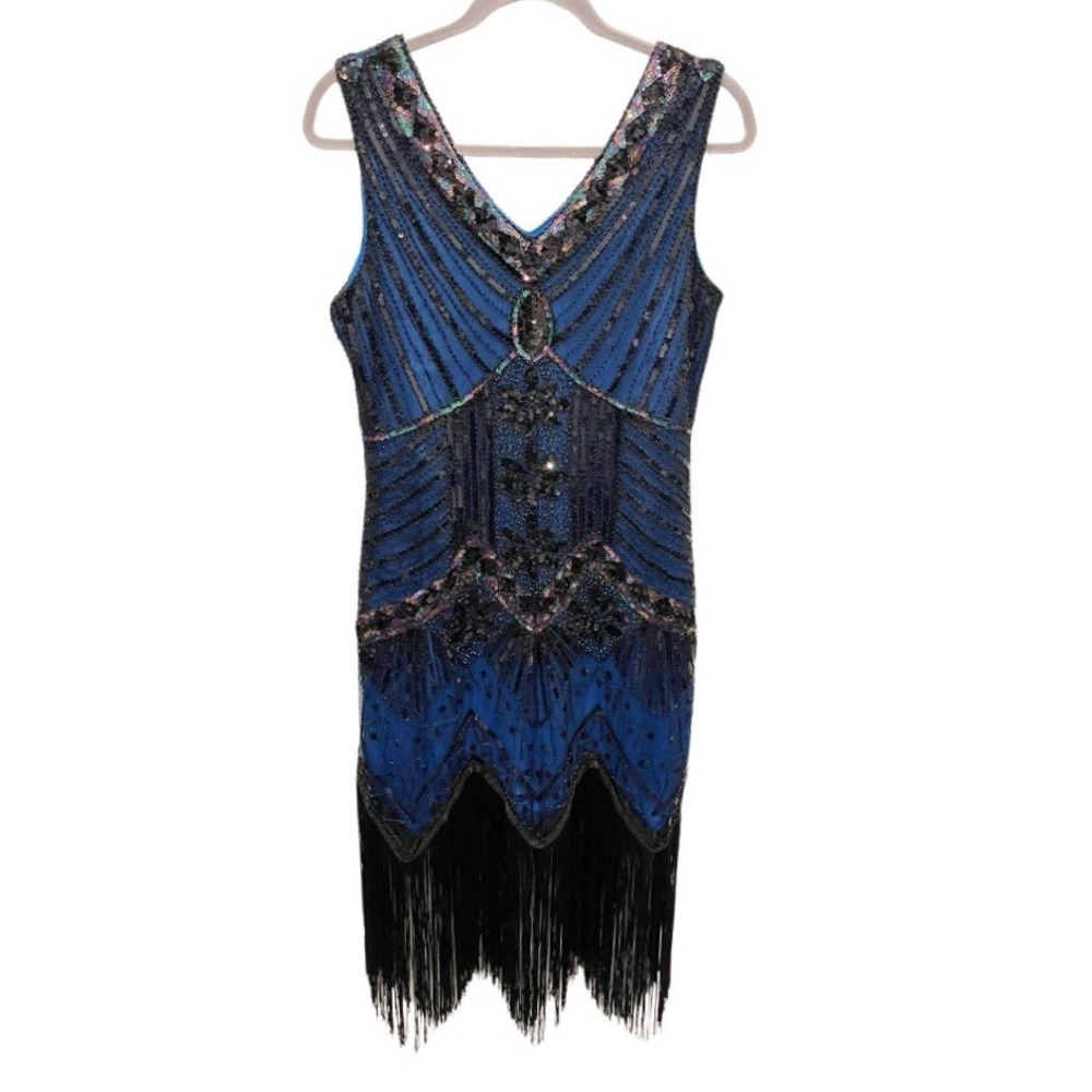 Art Deco Gatsby Party Blue Black Sequin Fringe Flapper Dress M Halloween Costume